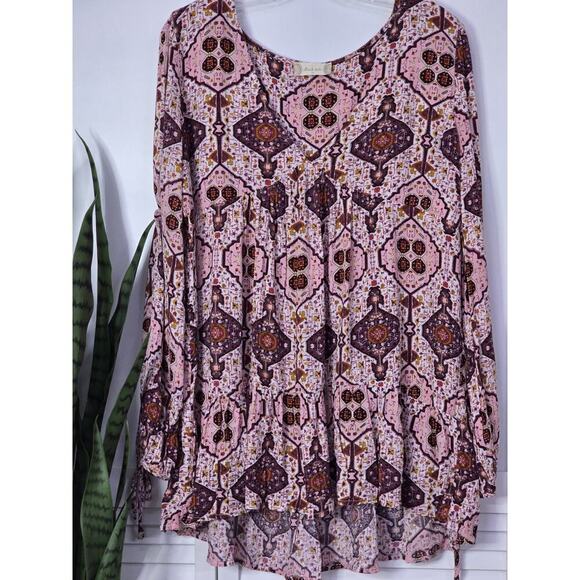 Altar'd State Pink Boho Pleated Front V-Neck Tie Long Sleeve Blouse Size Medium - Picture 1 of 7